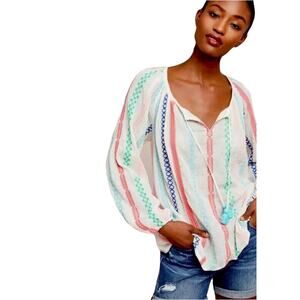NWOT PAYAL PRATAP Top S Rainbow-Stripe Embroidery Gauze V Bow-Tassel Balloon-Slv